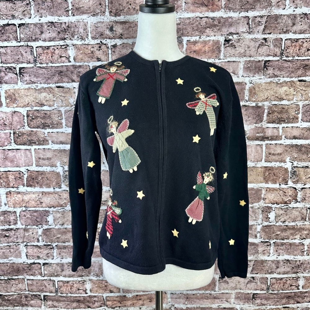 Talbots Y2K Black Zip Cardigan Sweater Angels Stars Applique Women's Size S